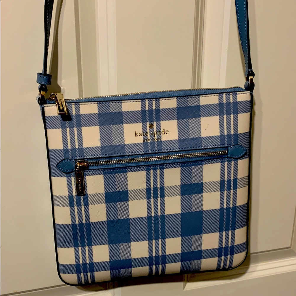 Kate Spade Blue and White Checkered Crossbody Bag